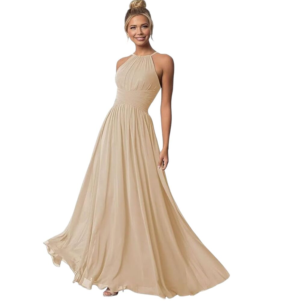 Halter Bridesmaid Backless Long Dress Evening Dress Formal Champagne Tan  Size 4